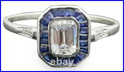 White Emerald Blue Baguette Vintage Style Ring CZ 925 Sterling Silver Art Deco