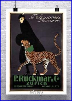 Woman Walking Leopard Vintage Art Deco Poster Giclee Print on Matte Paper