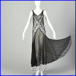 XS 1930s Black Dress Matching Jacket Sheer Silk Chiffon Lace Bias Gown 30s VTG
