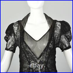 XS 1930s Black Dress Matching Jacket Sheer Silk Chiffon Lace Bias Gown 30s VTG