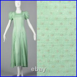 XS 1930s Sheer Green Cotton Dress White Swiss Dots Spring Summer Art Deco 30s